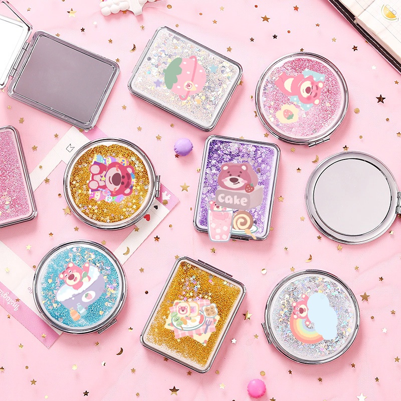 Gương nước chảy kim tuyến gấu dâu tây lotso in hình GNI45 gương 2 mặt cáo lina thỏ stella nomo duck DF friends