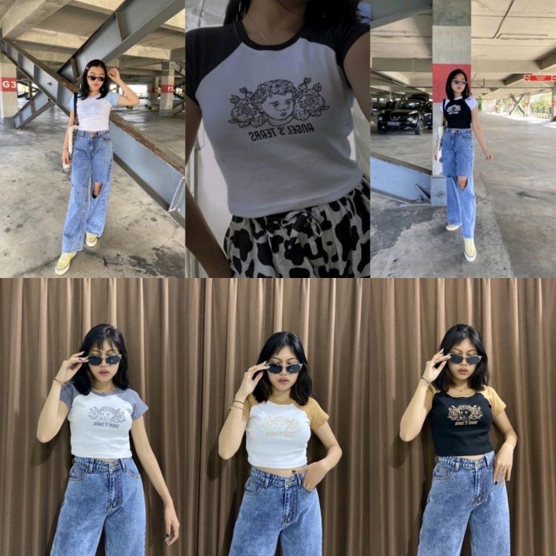 Áo Thun Crop Top Angel Tears Raglan LD 88 Pj 45 Thời Trang Dành Cho Nữ Tuổi Teen2022
