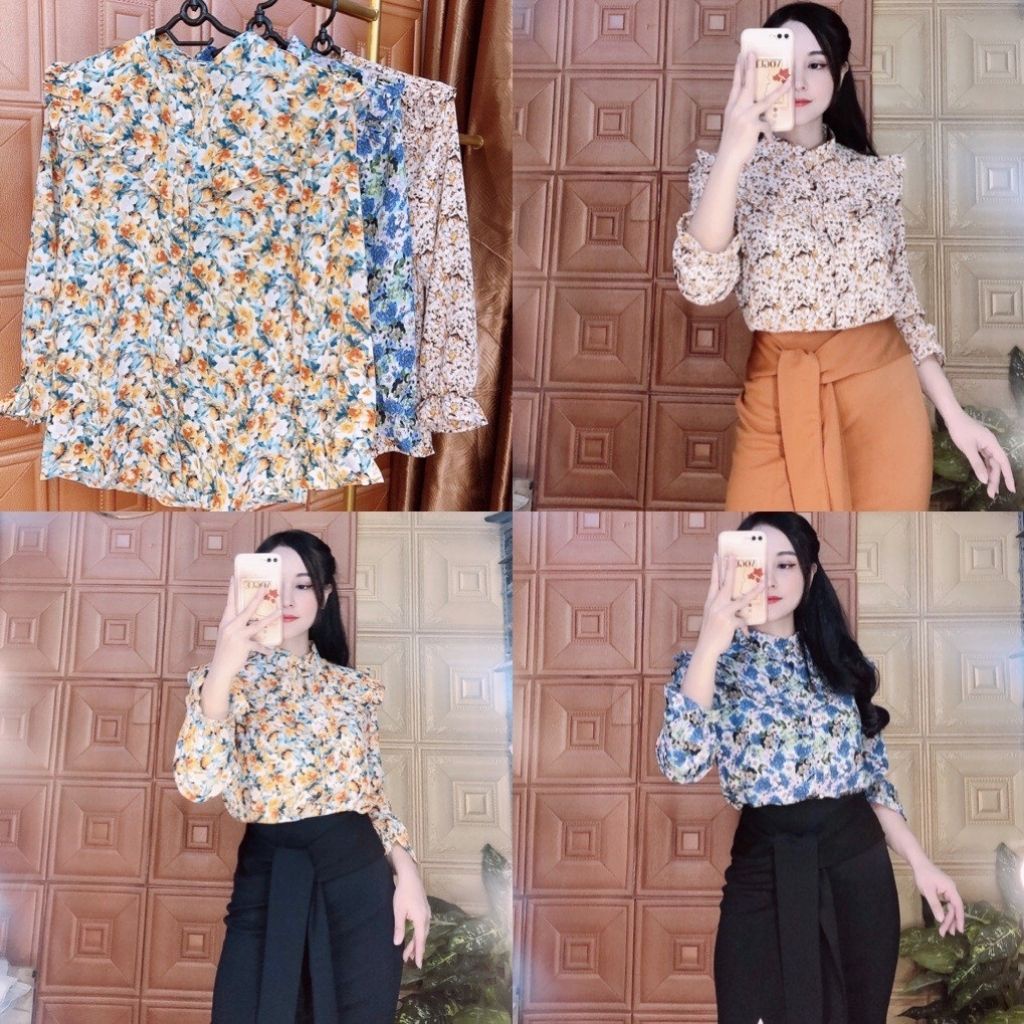 Áo Sơ mi nữ hoa nhí tay lỡ chất lụa Mango cao cấp mịn mát, không nhăn, co giãn nhẹ