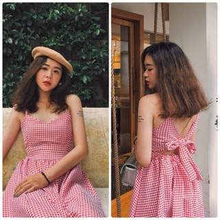 Đầm maxi caro đỏ