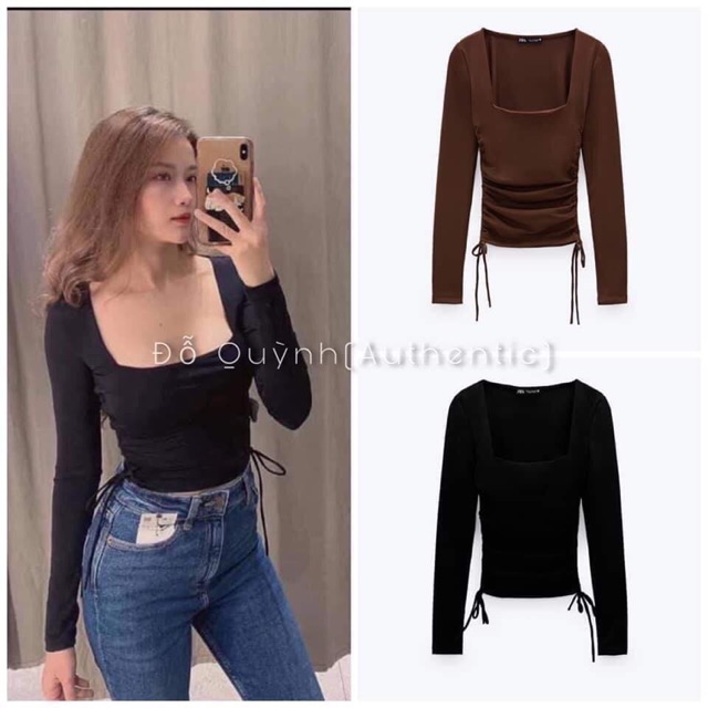 Áo thun cổ vuông rút dây eo