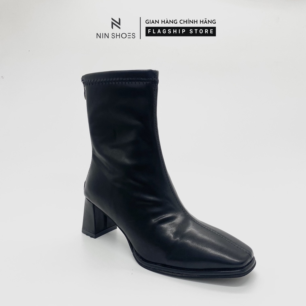 Giày boot nữ 7p gót vuông kéo khoa sau da si trơn Ninshoes | BigBuy360 - bigbuy360.vn