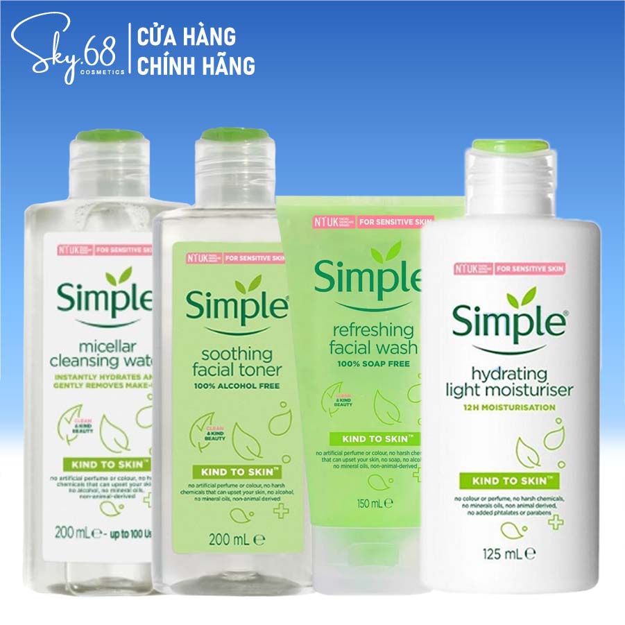 Bộ 4 Sản Phẩm Giúp Da Sạch Sâu Và Nuôi Dưỡng Da SIMPLE (Tẩy trang 200ml+SữaRửaMặt 150ml+Toner 200ml+Sữa dưỡng 125ml)