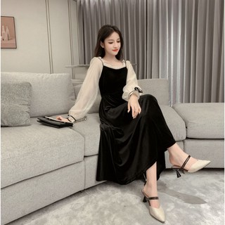 Váy nhung đen dáng dài phối voan