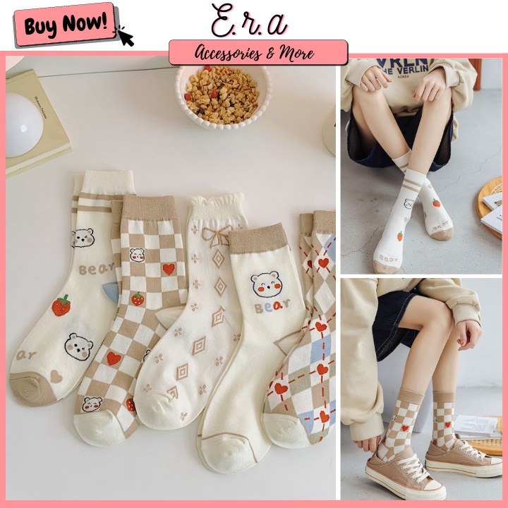 Tất Cổ Vừa Nâu Gấu Freesize ERASHOP 079414 - Dễ Thương, Vải Co Giãn 4 Chiều, Phù Hợp Mang Giày Sneaker, Rẻ Đẹp