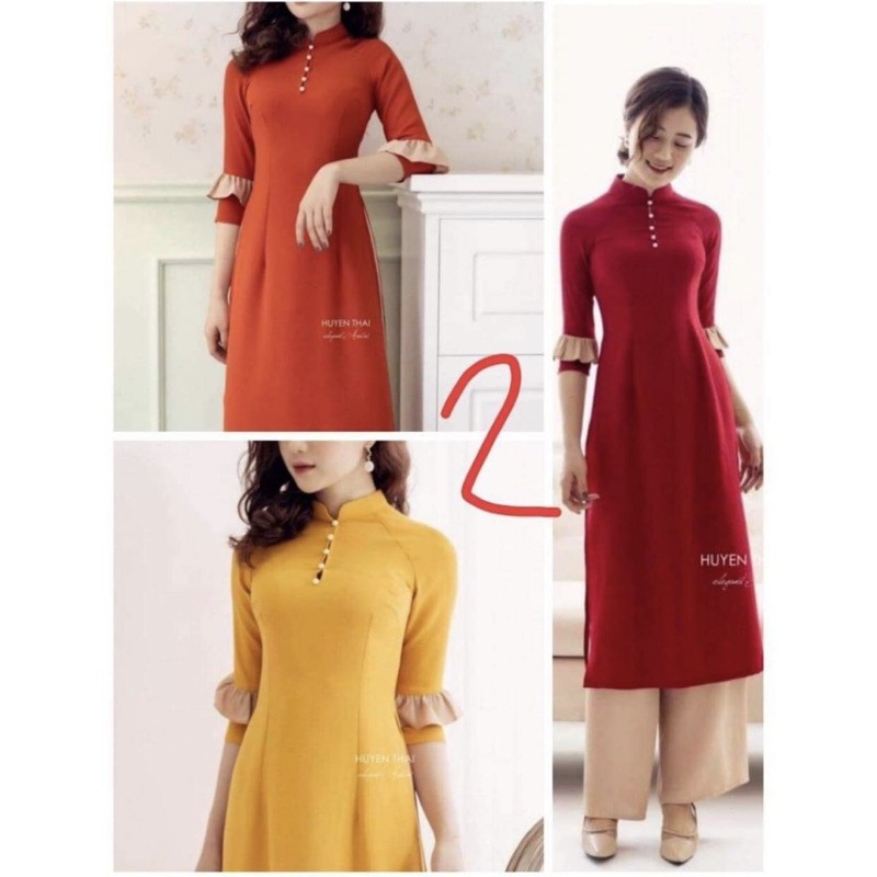 Áo dài phối tay nhún bèo, cổ khuy đẹp dịu dàng