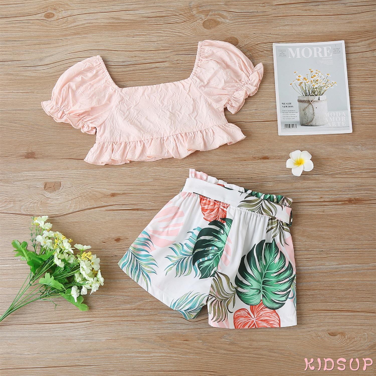 Bộ Áo Croptop Tay Phồng + Quần Short Lưng Cao In Họa Tiết Lá Cây Thời Trang Mùa Hè Cho Bé Gái