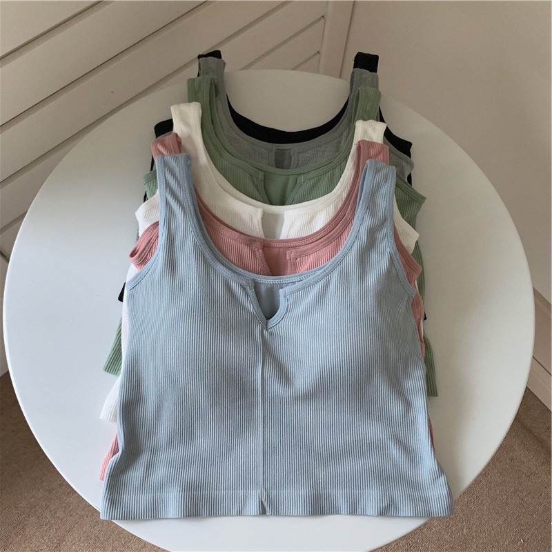 Áo croptop SUXI sát nách màu sắc đơn giản chất liệu cotton mỏng nhẹ có mút đệm ngực thời trang cho nữ