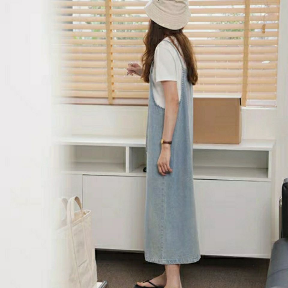 [LININ] Đầm Yếm Denim Dài Qua Gối Không Tay Dáng Rộng Phong Cách Hàn Quốc Mới