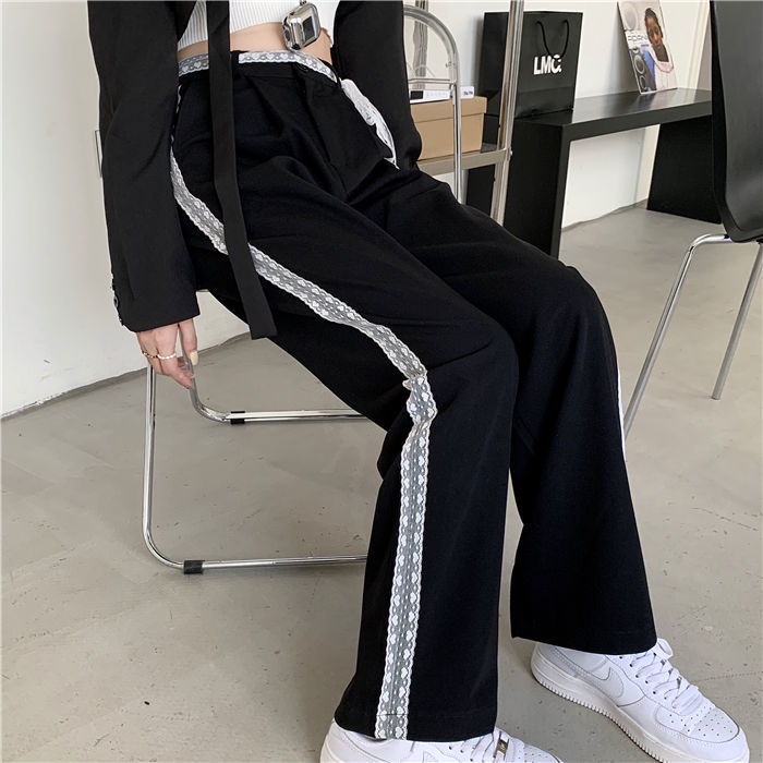 Quần dài lưng cao dáng rộng phối ren thiết kế trẻ trung cho nữ