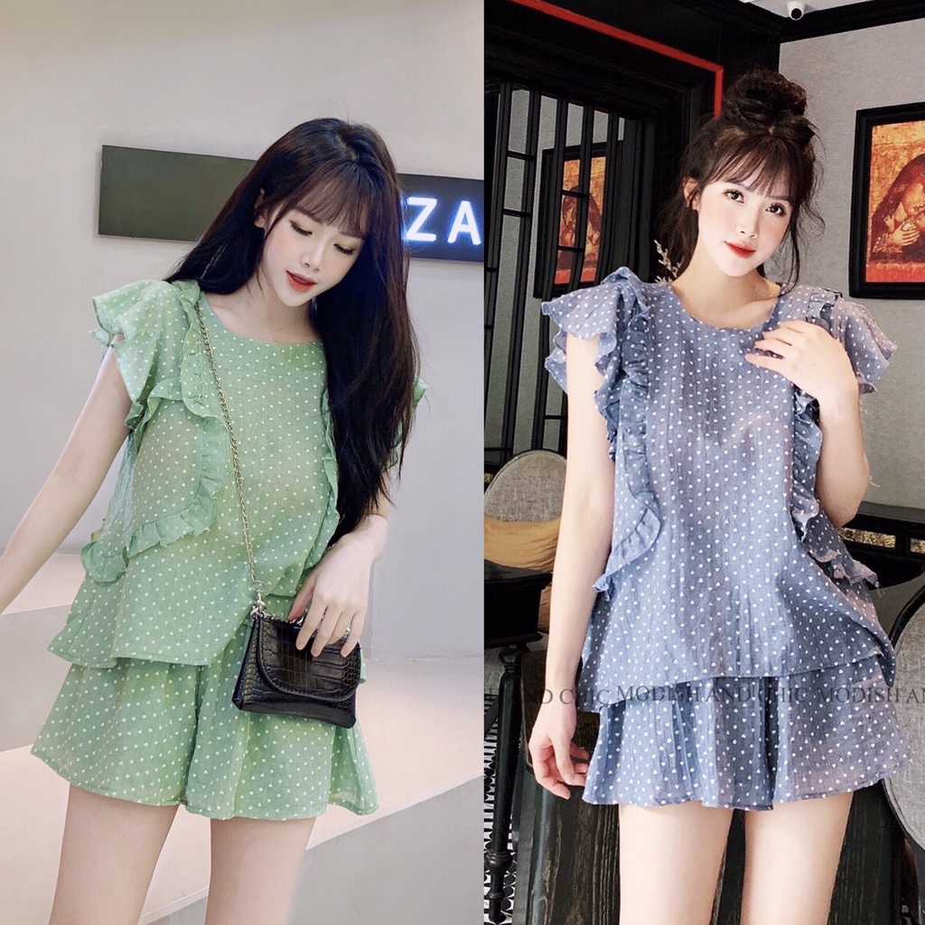 Set bộ đồ mặc ở nhà, đồ ngủ áo xanh quần ngắn họa tiết tim S091 - MC phân phối chính thức ( kèm ảnh thật shop tự chụp)