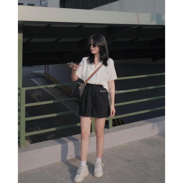 Quần short nữ cạp cao xếp ly có chun sau hack dáng