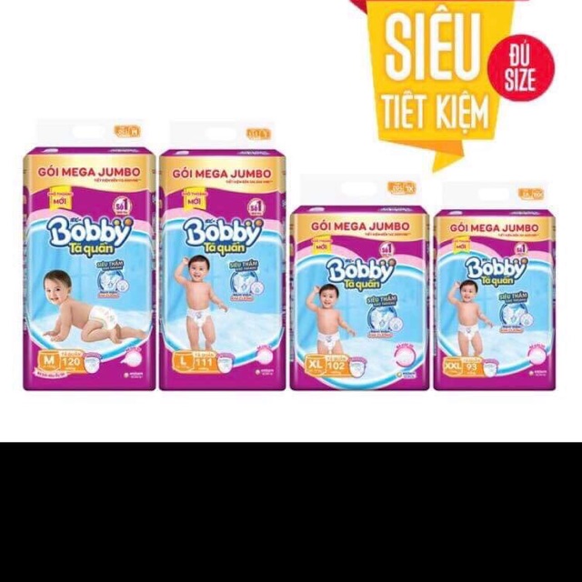 Tã Quần Bobby Gói MEGA JUMBO M120 L111 XL102 XXL93 Siêu Tiết Kiệm