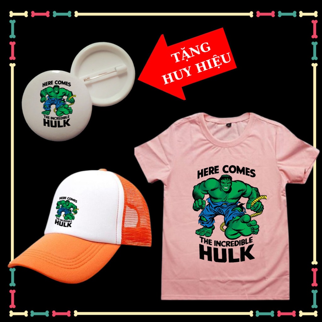 Set áo thun trẻ em siêu nhân Hulk Khổng Lồ Xanh, đủ màu sắc, đủ size áo, Kèm Huy hiệu Hulk, Kèm Mũ lưỡi trai Hulk.