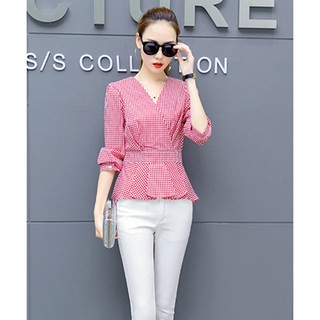 (XANH/  ĐỎ )Áo peplum tay dài