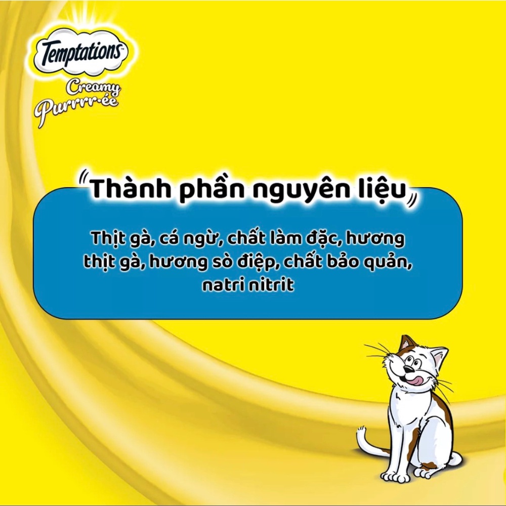 TEMPTATIONS Sốt thưởng - Creamy Purrrr-ée cho mèo lớn vị cá ngừ và sò điệp, 48g. Sốt thưởng làm từ thịt cá thật