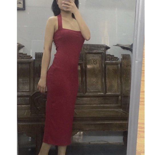 Đầm body cổ yếm dáng dài váy maxi cổ yếm xẻ tà