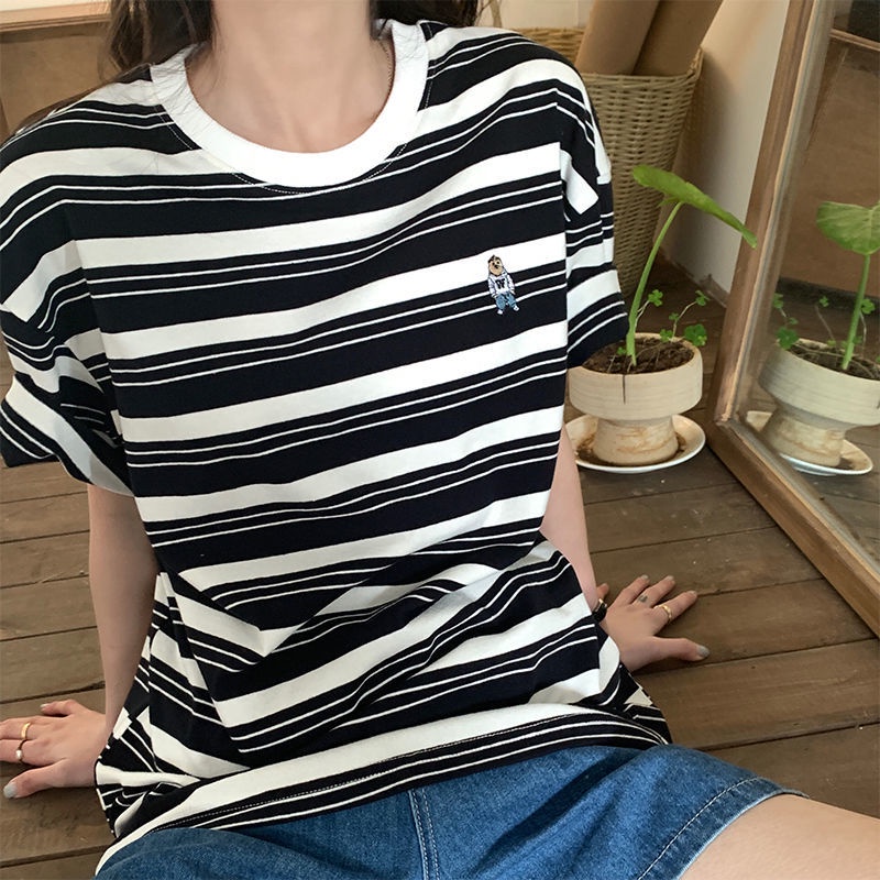 Áo Thun Cộc Tay Cổ Tròn Kẻ Sọc Ngang Dáng Rộng Phong Cách Hàn Quốc Cho Nữ JL-TX-512