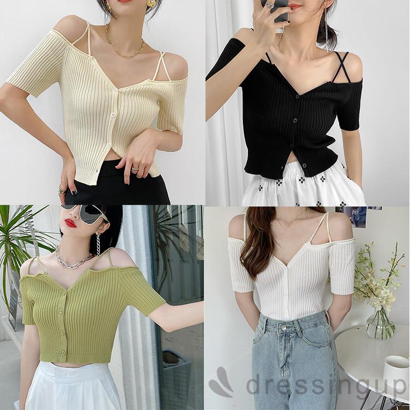 Áo Sơ Mi Nữ Tay Ngắn Trễ Vai Cổ Chữ V Có Hàng Nút Dành Cho Nữ