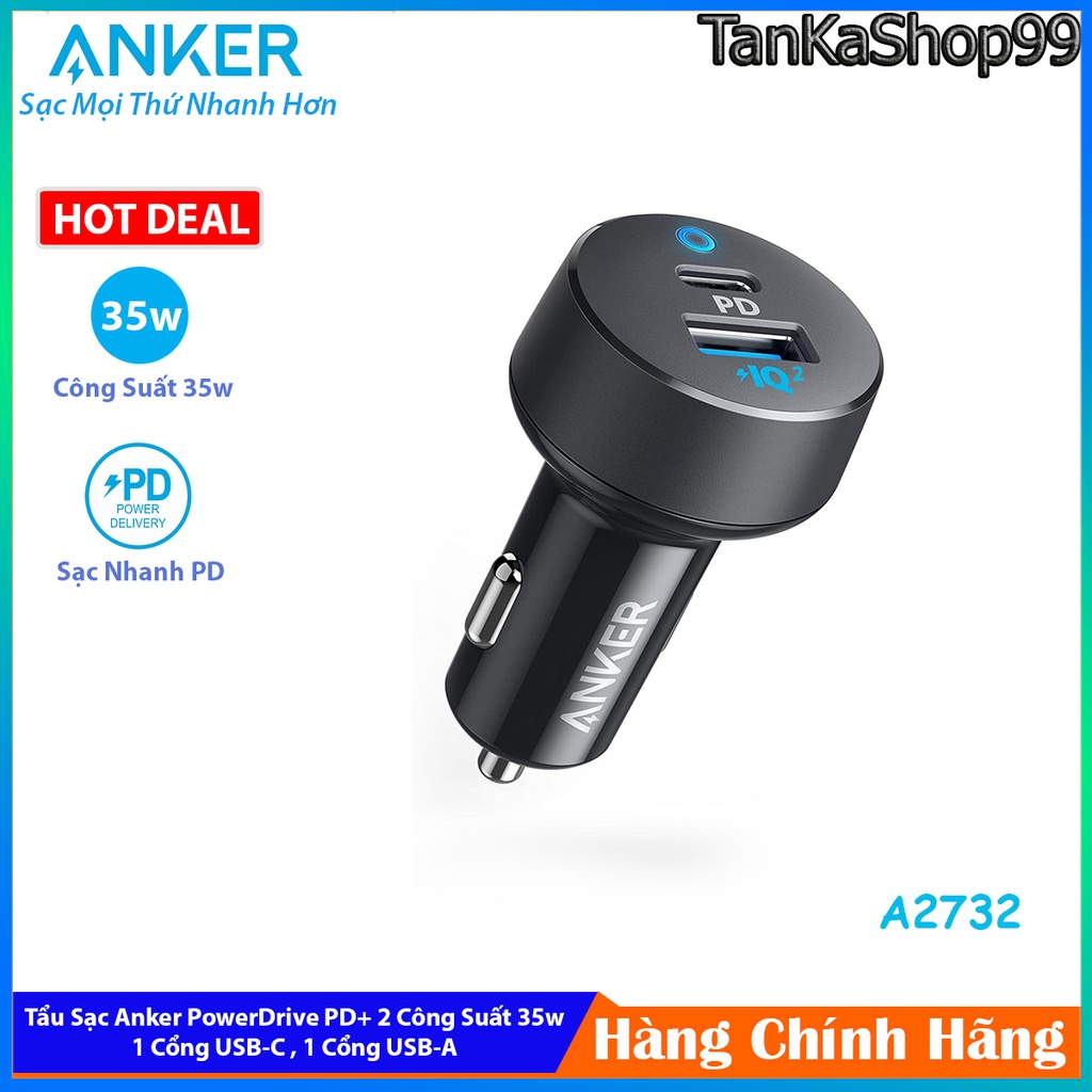 Tẩu sạc xe hơi Anker PoweDrive PD+ 2 A2732 Công Suất 35w 2 Cổng Sạc 1C + 1A Sạc Nhanh PD 20w , IQ2 15w