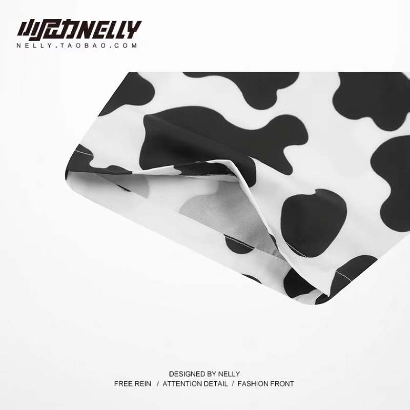 Áo sơ mi tay ngắn 7605 hoạ tiết bò sữa nelly Heybig dáng unisex form rộng 39 12