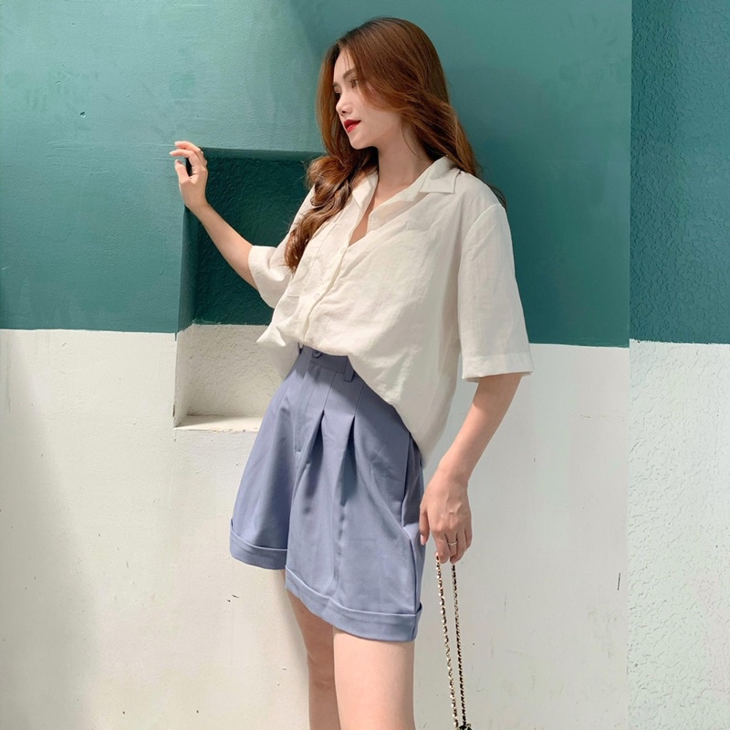 Áo sơ mi nữ tay ngắn form rộng đẹp hàn quốc LUCETFASHION cao cấp đen trắng be Short sleeved Shirt