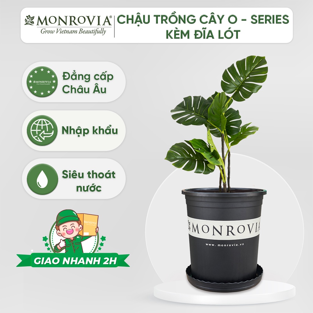 Chậu trồng cây MONROVIA màu đen, kèm đĩa lót, cây cảnh mini, trồng rau, hoa, để bàn, treo ban công, nhập khẩu