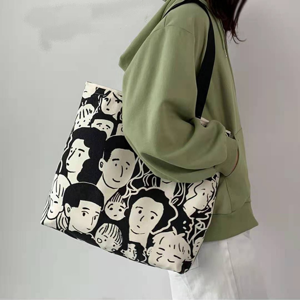 Túi tote đeo vai vải canvas họa tiết hoạt hình dễ thương