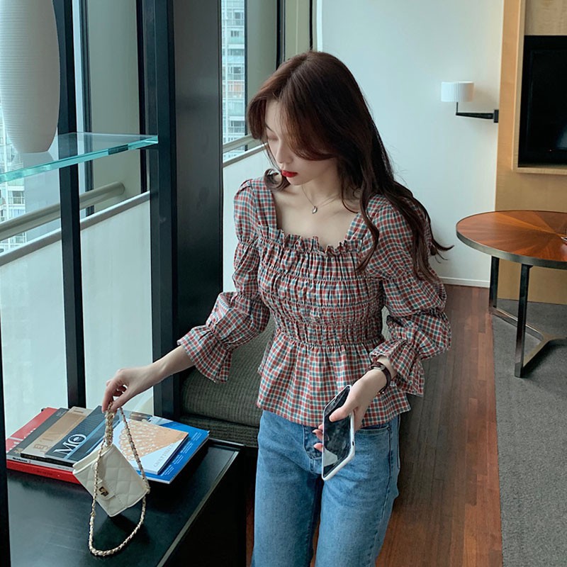 Áo Kiểu Ca Rô Dáng Ôm Dễ Phối Đồ Cho Nữ
