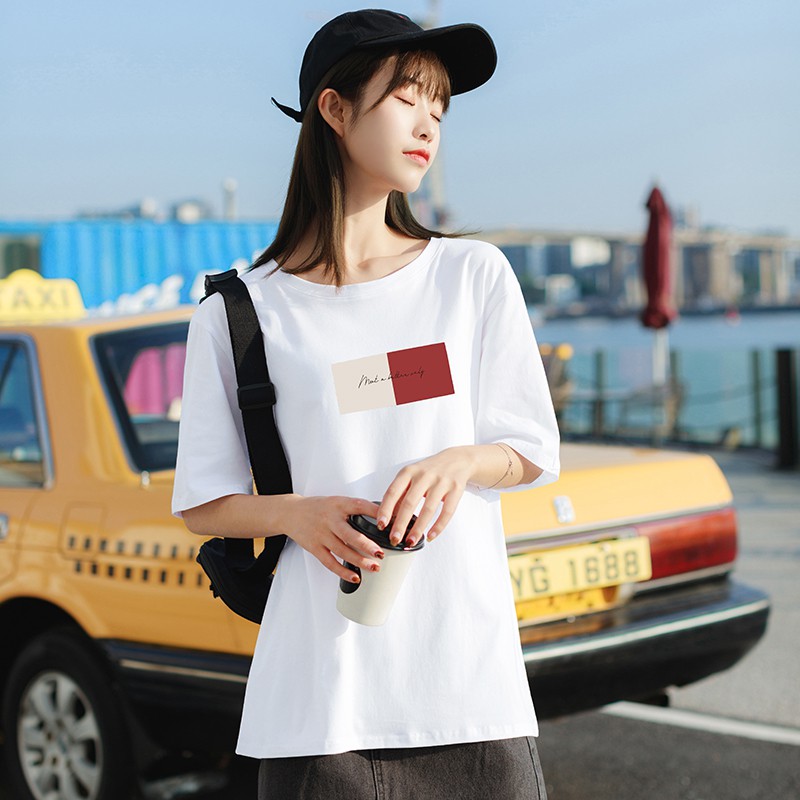 Super fire ins white round neck square printing short-sleeved T-shirt women summer new style pure cotton lazy half-sleeved women's clothing