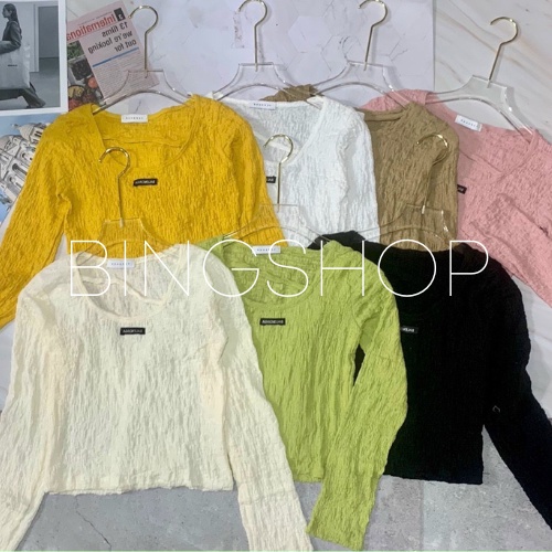 Áo croptop nữ cổ tròn dài tay Bingshop vải xốp nhún co giãn siêu xinh