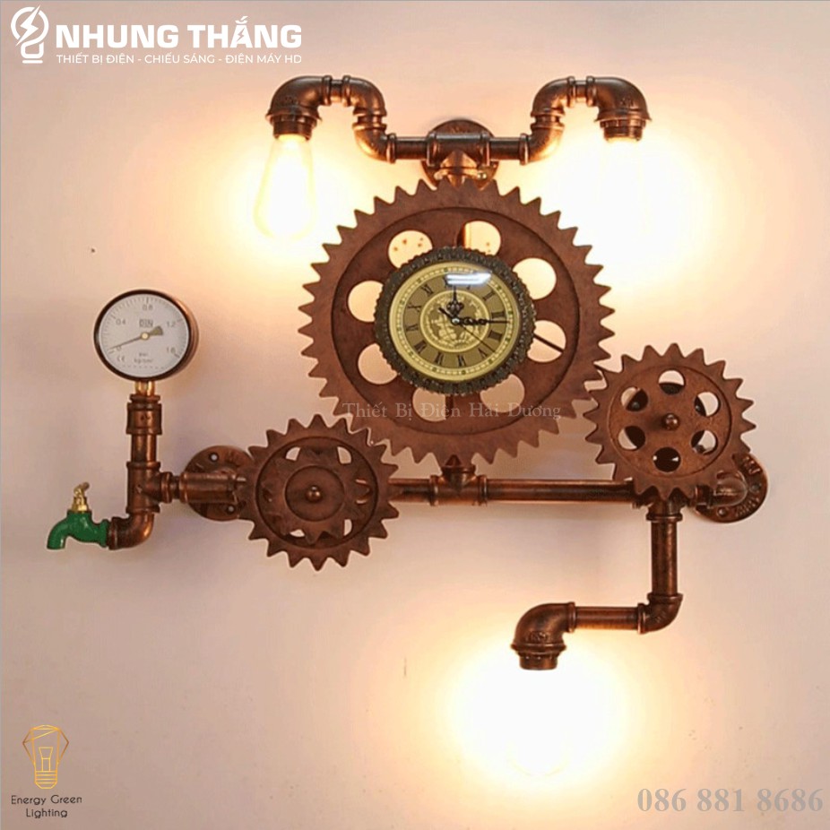 Đèn Tường Retro DT-0218 - Bánh Răng , Đồng Hồ Chuyển Động Cùng Đèn - Kiểu Dáng Cổ Điển - Tặng Kèm 3 Bóng T64