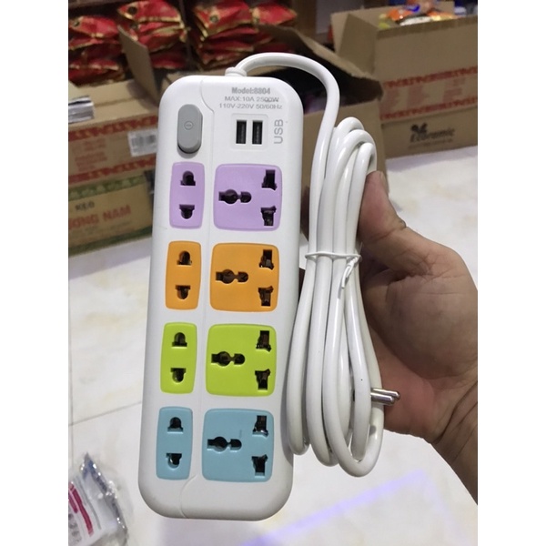 Ổ Cắm Điện Đa Năng 4 Phích Và 8 Phích Căm , 2 Cổng USB , Dây 3 Mét - Ổ Điện Thông Minh Có Công Tắc