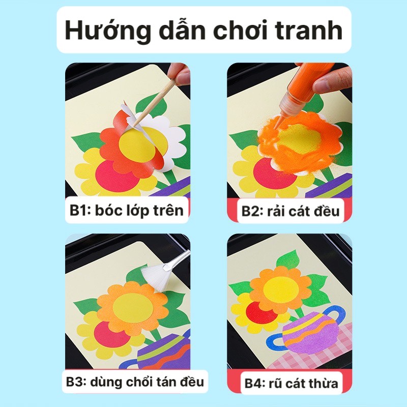 Hộp tranh cát 16 tranh 12 màu Sand Painting DIY kèm cọ và khay đựng cát kèm đầy đủ dụng cụ