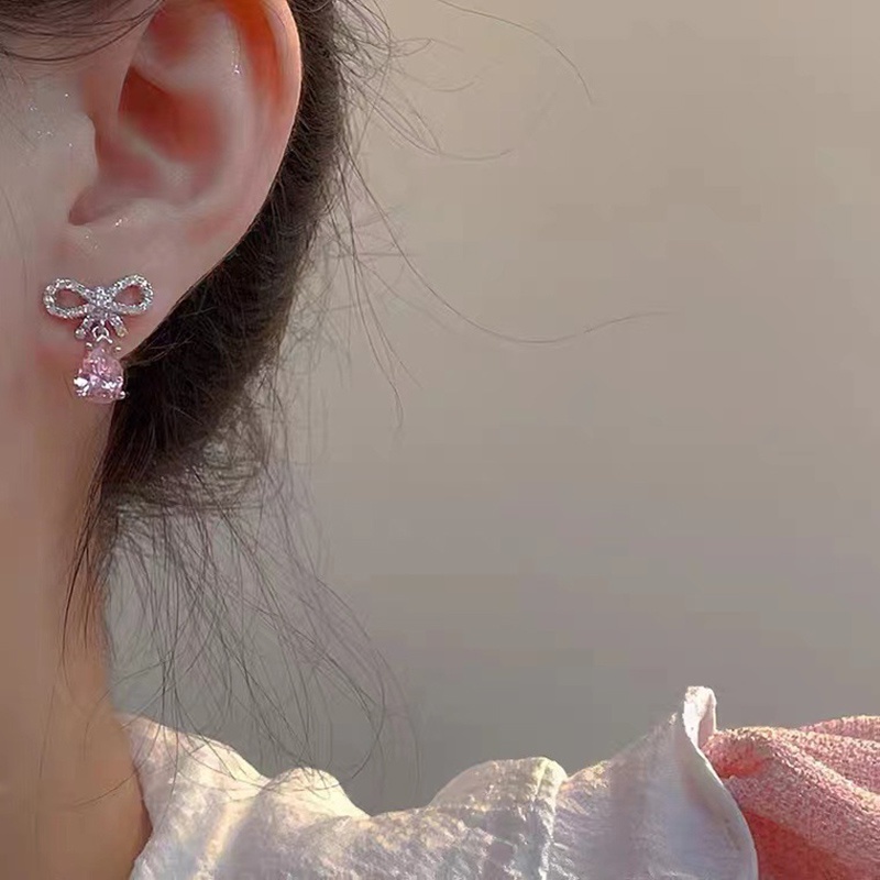 Set Khuyên Tai Nơ Đính Đá Hồng Phong Cách Nhật Hàn