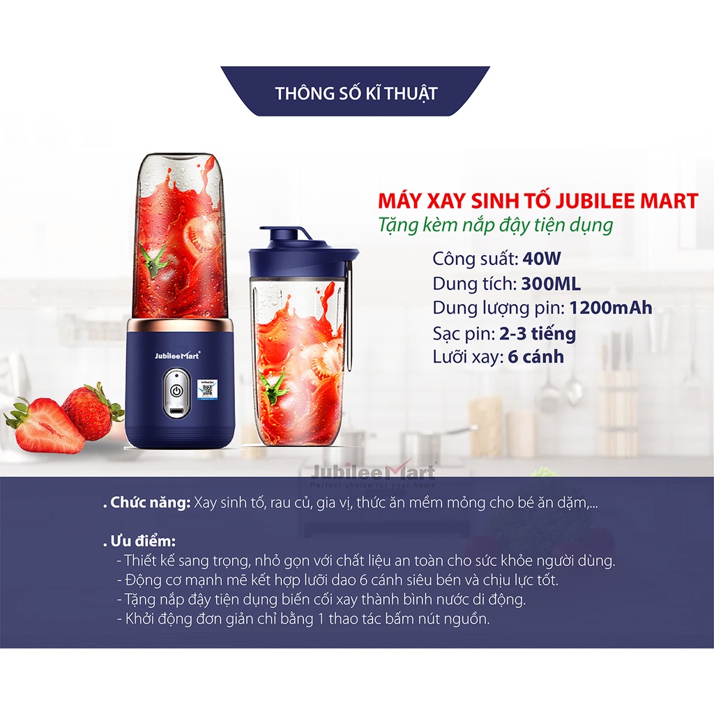 [TẶNG KÈM NẮP] Máy Xay Sinh Tố Jubilee Mart 300ML Cầm Tay Sử Dụng Pin Sạc Cổng USB Tiện Dụng - BẢO HÀNH 1 ĐỔI 1 NẾU LỖI