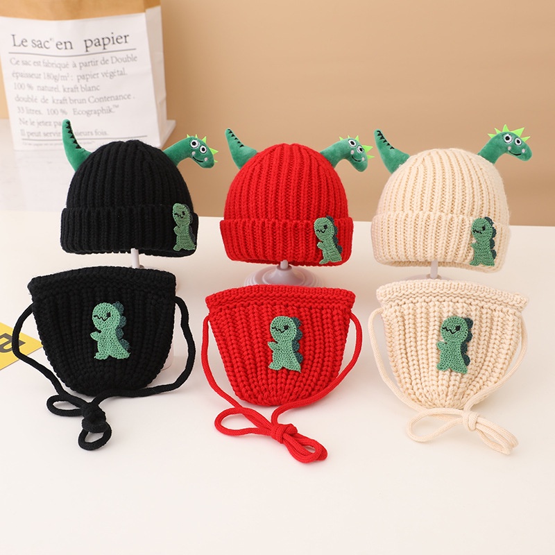 Mũ beanie đan len mềm mại họa tiết khủng long hoạt hình dễ thương thời trang thu đông cho bé