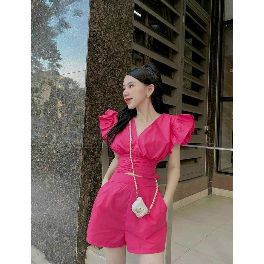 Set bộ đũi cánh tiên đi biển, set áo cổ v tay bèo nhún eo croptop mix quần short phồng dễ thương dx