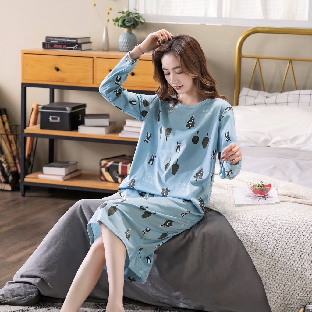 Đầm Ngủ Tay Dài Dáng Rộng Plus Size Thời Trang Xuân Thu Cho Nữ