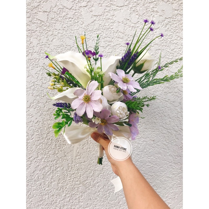 BÓ HOA CƯỚI CẦM TAY RUM HOA CƯỚI CALLA LILY MÀU TÍM CÙNG CÚC HOẠ MI