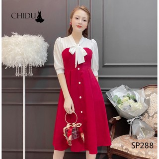 Váy nhung cổ nơ dáng xoè SP288