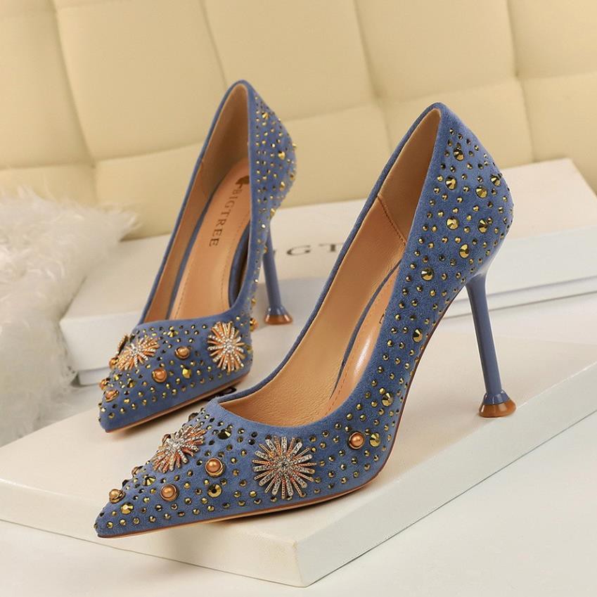 GIÀY CAO GÓT BIGTREE DA LỘN MŨI NHỌN RHINESTONE TRANG TRÍ 278-16