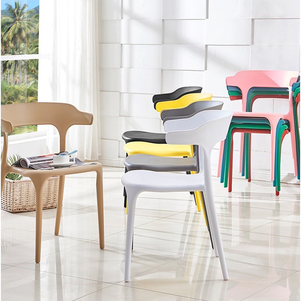 Ghế nhựa đúc nguyên khối xếp chồng, ghế tựa lưng xếp gọn ngồi cafe hoặc bàn ăn tiện lợi