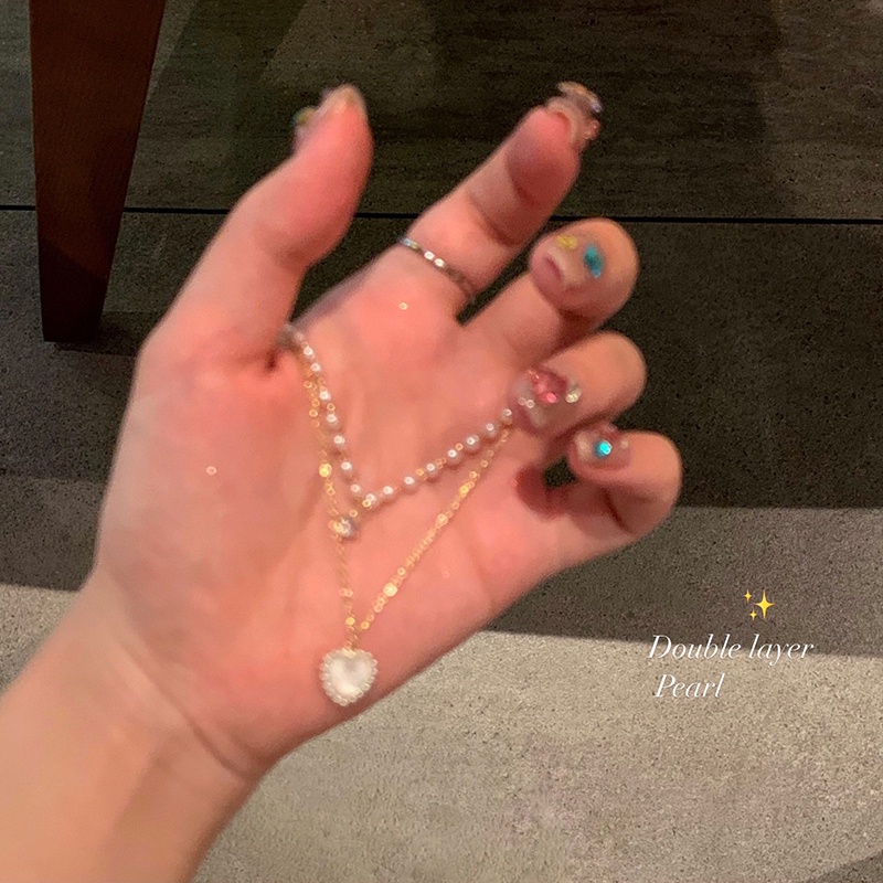 Vòng cổ Hai Lớp Mặt Trái Tim Đính Hạt Ngọc Trai Thời Trang Cho Nữ