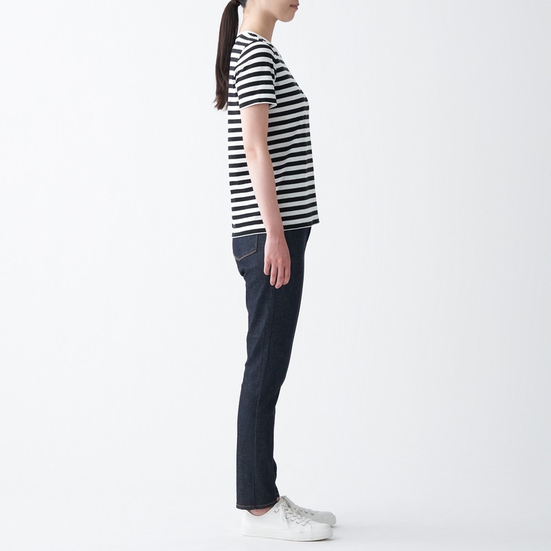 Muji Áo Thun Kẻ Sọc Vải Jersey Cổ Tròn