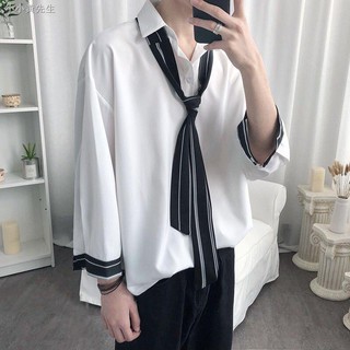 Áo Sơ Mi Ngắn Tay Dáng Rộng Phối Cà Vạt Cá Tính Dành Cho Nam
