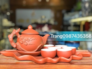 Ấm chén đắp nổi gốm tử sa khay lá