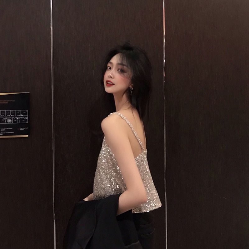 Áo Hai Dây Dáng Ngắn Đính Kim Sa Lấp Lánh Thời Trang Xuân Hè 2020 Phong Cách Hàn Quốc Mới Cho Nữ