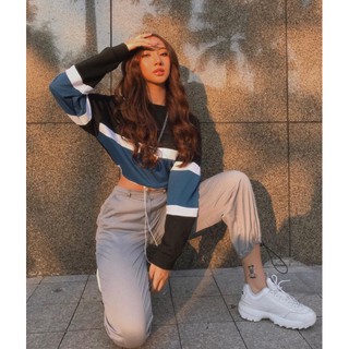 Croptop Tay Dài Phối Màu Rút Dây