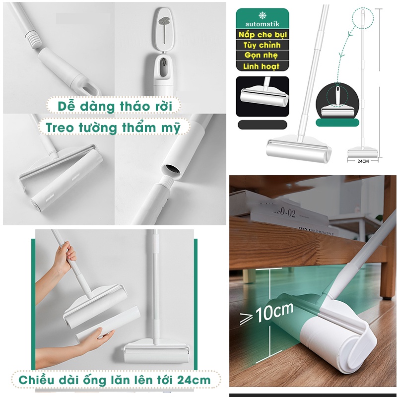 Cây Lăn Bụi Cán Dài Làm Sạch Quần Áo Ga Giường Sofa Sàn Nhà Có Nắp 16cm, 24cm Lăn Lông Tóc Siêu Dính Siêu Tốc Automatik